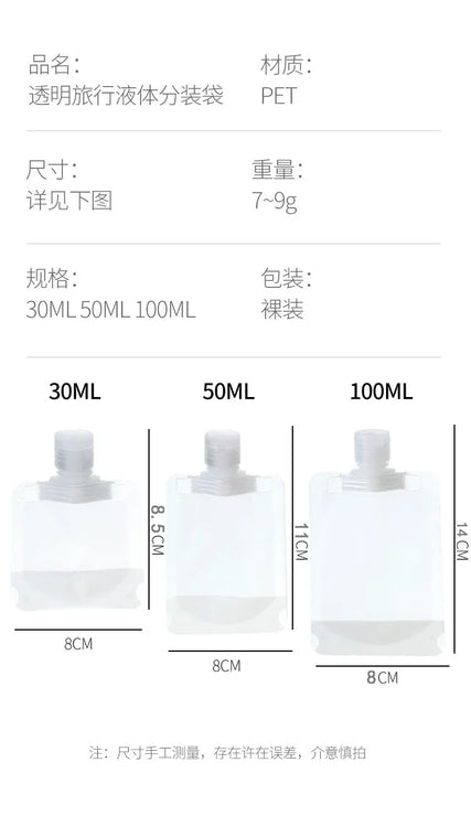 30/50/100ml Refillable Packaging Bags Travel Essentials Lotion Cosmetics Shampoo Shower Gel Portable Bags Makeup Fluid Bottles